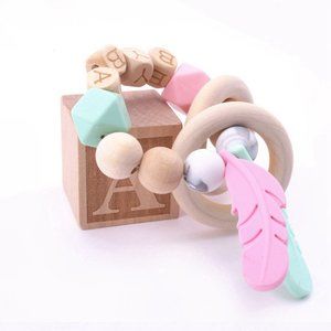 Feather Dream Catcher Baby Teething Ring, Silicone & Beech Wood, Montessori Toy